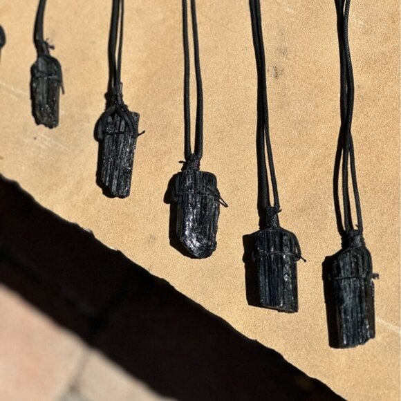 Black Tourmaline Natural Chunk Pendant Necklace w Velvet Cord 2.25" Size Crystal - Picture 10 of 11